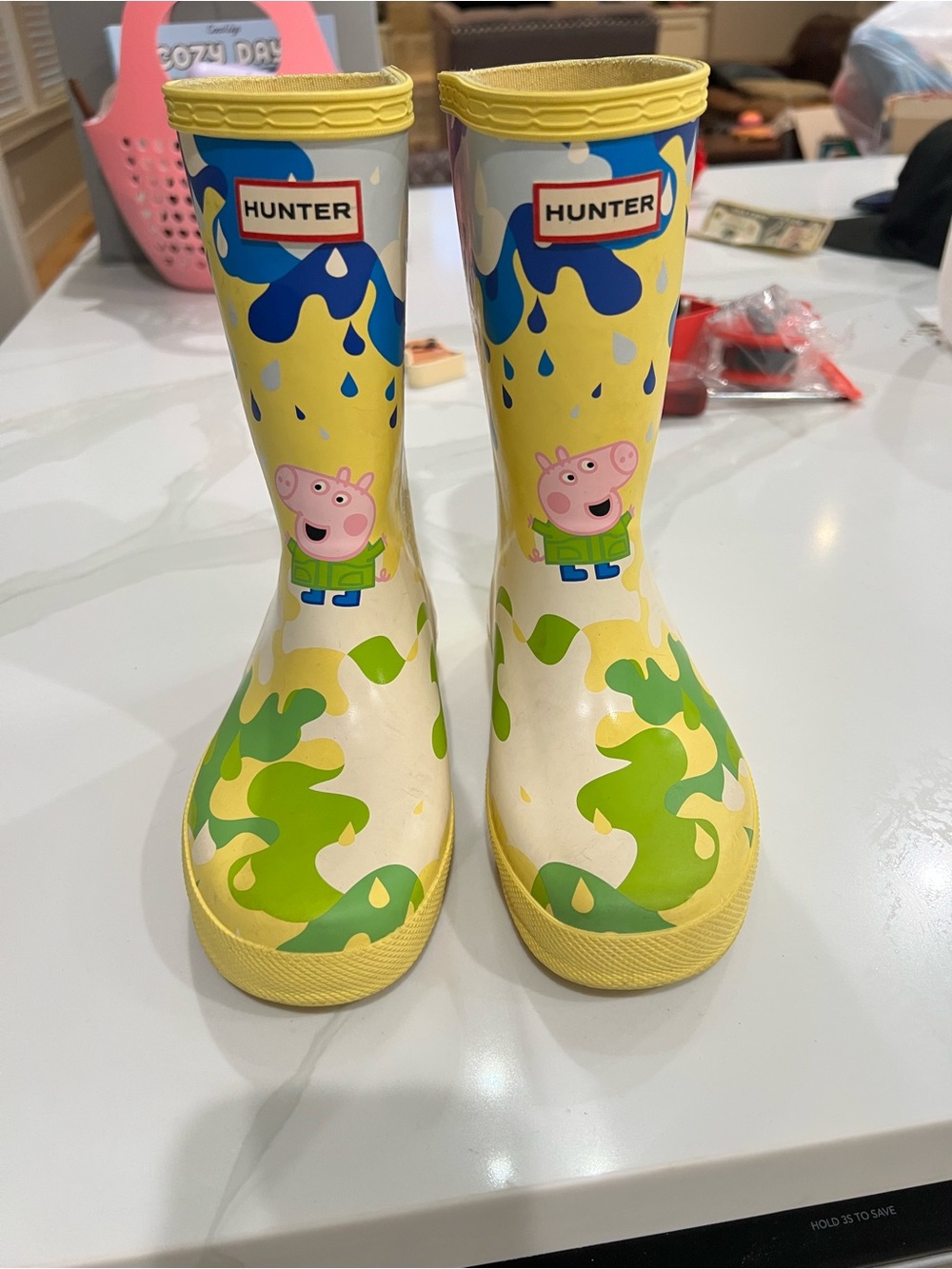 Hunter Kids Yellow Peppa Pig Rain Boots with Green and Blue Accents